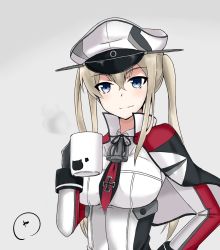 Rule 34 | 10s, 1girl, anchor symbol, animal print, black gloves, blonde hair, blue eyes, capelet, cat print, coffee cup, coffee mug, collared shirt, cup, disposable cup, gloves, graf zeppelin (kancolle), hat, kantai collection, looking at viewer, maruyaa (malya1006), military, military uniform, mug, necktie, paw print, peaked cap, shirt, smile, solo, twintails, uniform, upper body, white hat, white shirt