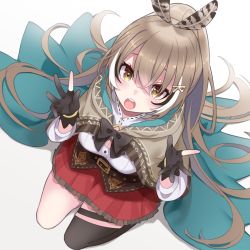 Rule 34 | 1girl, brown hair, cloak, feather hair ornament, feathers, gloves, green cloak, hair ornament, hairclip, highres, hololive, hololive english, multicolored hair, nanashi mumei, partially fingerless gloves, red skirt, single thighhigh, skirt, solo, somnium, streaked hair, thighhighs, virtual youtuber, white hair, yellow eyes