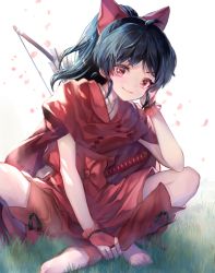 Rule 34 | 1girl, arrow (projectile), barefoot, black hair, bow, bow (weapon), cape, commentary request, gloves, grass, hair bow, han&#039;you no yashahime, hi-na1, highres, inuyasha, katana, moroha (inuyasha), red eyes, shorts, solo, sword, toeless legwear, weapon