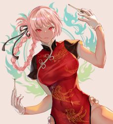 Rule 34 | 1girl, braid, breasts, china dress, chinese clothes, digital thermometer, dress, earrings, fate/grand order, fate (series), florence nightingale (fate), gloves, highres, jewelry, large breasts, natsujiru, panties, pink hair, side-tie panties, solo, thermometer, underwear, white gloves