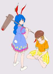 Rule 34 | 2girls, ambiguous red liquid, animal ears, asawa (dm owr), bad id, bad pixiv id, blonde hair, blue dress, blue hair, crescent moon symbol, dress, earclip, eating, flat cap, floppy ears, frilled dress, frills, hat, indian style, long hair, looking at viewer, mallet, multi-tied hair, multiple girls, orange shirt, pants, puffy short sleeves, puffy sleeves, rabbit ears, rabbit tail, red eyes, ringo (touhou), seiran (touhou), shirt, short hair, short sleeves, shorts, simple background, sitting, smile, socks, star (symbol), tail, touhou, yellow pants