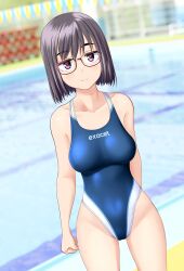 Rule 34 | 1girl, absurdres, black hair, blue one-piece swimsuit, breasts, brown eyes, clothes writing, collarbone, commentary request, competition swimsuit, cowboy shot, dutch angle, glasses, highleg, highleg swimsuit, highres, large breasts, one-piece swimsuit, original, pool, short hair, solo, standing, string of flags, swimsuit, takafumi, two-tone swimsuit, variant set