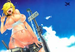 Rule 34 | 1girl, :p, ahoge, asaki takayuki, belt, blonde hair, blue eyes, blush, breasts, cameltoe, cover, food, german text, heart, highres, ice cream, jormungand (manga), large breasts, micro panties, midriff, name connection, navel, nipples, object namesake, off shoulder, open fly, open mouth, panties, panty pull, partially undressed, partially visible vulva, pun, schokolade, see-through, shower, side-tie panties, solo, sweat, tank top, tongue, tongue out, unbuttoned, uncensored, underwear, wedgie, wet, wet clothes