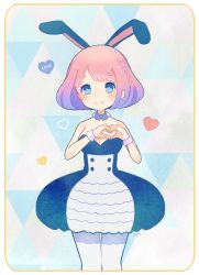 Rule 34 | 1girl, animal ears, ayu (mog), bare arms, bare shoulders, black dress, blue bow, blue bowtie, blue eyes, bow, bowtie, braid, breasts, bright pupils, bubble skirt, cleavage, closed mouth, detached collar, dress, heart, heart hands, large breasts, looking at viewer, original, pantyhose, pink hair, rabbit ears, short hair, skirt, smile, solo, standing, thigh gap, white pantyhose, white pupils, wristband