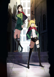 Rule 34 | 2girls, belt, belt buckle, black footwear, black socks, blonde hair, blue eyes, boots, bow, breasts, brown footwear, brown hair, buckle, building, burn the witch, capelet, closed mouth, day, film grain, gem, green eyes, green serafuku, green skirt, hair between eyes, hair ornament, hairclip, half-closed eyes, hands on own hips, highres, ibaraki shun, lantern, large breasts, light particles, long hair, looking at viewer, multiple girls, niihashi noel, ninny spangcole, outdoors, plaid, plaid cape, purple gemstone, red bow, red capelet, school uniform, serafuku, shadow, short twintails, silhouette, skindentation, skirt, smile, socks, spikes, stairs, thigh boots, thigh strap, twintails, uniform, wand, window