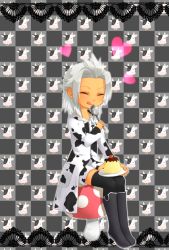 Rule 34 | 1boy, adapted costume, bad id, bad pixiv id, boots, boy cow, cherry, child, cow, eating, food, fruit, highres, kingdom hearts, male focus, mushroom, name tag, okitsune (okitsune-sama), pudding, silver hair, sitting, solo, spoon, xemnas, aged down
