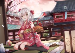 Rule 34 | 1girl, 2019, architecture, arrow (projectile), black legwear, braid, building, cherry blossoms, chinese zodiac, crossed legs, dress, east asian architecture, floral print, green eyes, hair between eyes, hair ornament, hairclip, highres, japanese clothes, kimono, looking at viewer, obi, open clothes, open dress, open mouth, original, petals, sash, short hair with long locks, silver hair, sitting, solo, touhourh, wind, year of the pig