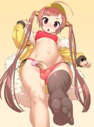 Rule 34 | 1futa, ahoge, azur lane, bare shoulders, bikini, black thighhighs, blunt bangs, blush, breasts, brown hair, chestnut mouth, clenched hand, commentary request, decensored, erection, feet, fingernails, foot focus, from below, fur-trimmed jacket, fur trim, furrowed brow, futanari, gluteal fold, groin, hair ornament, hand up, highres, jacket, long hair, long sleeves, looking at viewer, looking down, navel, no shoes, nose blush, open mouth, orange background, penis, penis in swimsuit, ping hai (azur lane), red bikini, red eyes, shiny clothes, side-tie bikini bottom, simple background, single thighhigh, small breasts, soles, solo, standing, standing on one leg, swimsuit, testicles, thighhighs, third-party edit, toes, tomoyuki kotani, twintails, uncensored, v-shaped eyebrows, very long hair, visor cap, yellow jacket