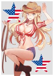 Rule 34 | 1girl, american flag, american flag print, blonde hair, blue eyes, blue shorts, boots, breasts, brown footwear, collarbone, cowboy boots, cowboy hat, denim, denim shorts, flag print, front-tie top, hair between eyes, hat, iowa (kancolle), jewelry, kantai collection, kasumi (skchkko), large breasts, long hair, navel, necklace, rope, shorts, smile, solo, star-shaped pupils, star (symbol), symbol-shaped pupils, united states