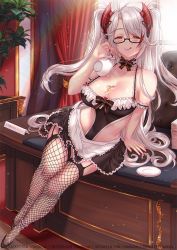 Rule 34 | 1girl, :q, alternate costume, ankle garter, antenna hair, apron, arm garter, azur lane, bare shoulders, blush, breasts, chie00chan, collarbone, cross, cup, enmaided, fishnet thighhighs, fishnets, frills, full body, garter straps, glasses, hair between eyes, high heels, highres, holding, holding cup, indoors, iron cross, large breasts, long hair, looking at viewer, maid, maid headdress, multicolored hair, nail polish, pouring, pouring onto self, prinz eugen (azur lane), red hair, red nails, silver hair, sitting, smile, solo, streaked hair, thighhighs, tongue, tongue out, two side up, very long hair