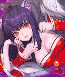 Rule 34 | 1girl, ahri (league of legends), animal ears, black hair, breasts, cleavage, facial mark, fox ears, fox girl, highres, kitsune, large breasts, league of legends, solo, whisker markings