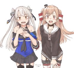 Rule 34 | 2girls, amatsukaze (kancolle), amatsukaze (kancolle) (cosplay), artist name, black legwear, black skirt, blouse, blue shirt, breasts, brown eyes, cleavage, collarbone, cosplay, costume switch, cowboy shot, dated, dress, garter straps, hair tubes, hat, johnston (kancolle), johnston (kancolle) (cosplay), kantai collection, kawashina (momen silicon), lifebuoy, light brown hair, long hair, look-alike, medium breasts, mini hat, multiple girls, off shoulder, open mouth, pleated skirt, red legwear, sailor collar, sailor dress, school uniform, serafuku, shirt, short dress, silver hair, simple background, skirt, striped clothes, striped legwear, striped thighhighs, swim ring, thighhighs, twintails, two side up, united states medal of honor, upper body, white background