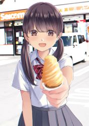 Rule 34 | 1girl, :d, blush, bow, bowtie, brown eyes, brown hair, building, car, chikuwa (odennabe), collared shirt, food, grey skirt, highres, holding, holding food, ice cream, ice cream cone, long hair, looking at viewer, motor vehicle, open mouth, original, outdoors, outstretched arm, parking lot, pleated skirt, red bow, red bowtie, school uniform, shirt, shop, short sleeves, skirt, smile, solo, standing, twintails, white shirt