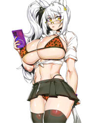 1girl abs absurdres alternate_costume alternate_eyewear alternate_hairstyle animal_ears biwa_hayahide_(umamusume) black_skirt black_thighhighs blush breasts cellphone cleavage closed_mouth collared_shirt commentary_request cowboy_shot ear_ornament grey_hair gyaru hair_between_eyes hair_ornament highres holding holding_phone horse_ears horse_girl horse_tail large_breasts leopard_print_bikini long_hair minew muscular muscular_female phone pleated_skirt purple_scrunchie rimless_eyewear scrunchie shirt short_sleeves side_ponytail simple_background skirt smartphone solo spade_hair_ornament tail thighhighs tied_shirt umamusume very_long_hair white_background white_shirt wrist_scrunchie yellow_eyes