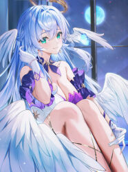 Rule 34 | 1girl, bare shoulders, bead bracelet, beads, blue hair, bracelet, breasts, chinese commentary, cleavage, closed mouth, commentary request, eric (tianqijiang), full moon, gloves, green eyes, hair between eyes, halo, highres, honkai: star rail, honkai (series), jewelry, large breasts, legs, long hair, looking at viewer, moon, night, night sky, revision, robin (honkai: star rail), sitting, sky, smile, white gloves, white wings, window, wings