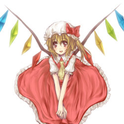 Rule 34 | 1girl, ascot, blonde hair, blouse, collared shirt, female focus, flandre scarlet, hair between eyes, hat, mob cap, natsuk, own hands together, red eyes, shirt, side ponytail, smile, solo, touhou, v arms, white hat, white shirt, wings