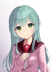 Rule 34 | 1girl, aqua hair, arm at side, artist name, assault lily, bow, buttons, cardigan, closed mouth, commentary request, crossed bangs, gradient background, green eyes, grey background, grey bow, hair bow, half updo, hand on own chest, hand up, highres, kanba girls high school uniform, light blush, long hair, long sleeves, looking at viewer, necktie, pink cardigan, red sailor collar, rinna (xxrinna), sailor collar, school uniform, serafuku, short necktie, signature, sleeves past wrists, solo, toki kureha, twitter username, upper body, white background, white necktie