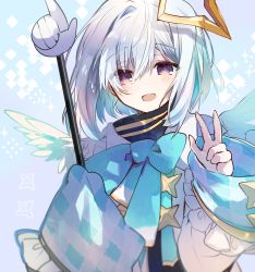 Rule 34 | 1girl, :d, amane kanata, amane kanata (1st costume), blue background, blue bow, blue hair, bob cut, bow, commentary request, cyawa, feathered wings, hair between eyes, halo, hand up, high collar, highres, hololive, jacket, long sleeves, looking at viewer, multicolored hair, open mouth, purple eyes, silver hair, single hair intake, sleeves past fingers, sleeves past wrists, smile, solo, sparkle, star halo, two-tone hair, upper body, virtual youtuber, w, white jacket, white wings, wings