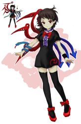 Rule 34 | 1girl, asymmetrical wings, black dress, black hair, bow, bowtie, dress, footwear bow, highres, himuhino, houjuu nue, polearm, red bow, red bowtie, red eyes, red footwear, red wings, shoes, short dress, snake, solo, thighhighs, touhou, trident, undefined fantastic object, weapon, wings, wristband, zettai ryouiki, zun (artist), zun (style)