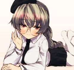 Rule 34 | 10s, 1girl, alternate hairstyle, anchovy (girls und panzer), beret, bespectacled, black necktie, blouse, blush, braid, breast press, breasts, eyebrows, girls und panzer, glasses, green hair, hat, long hair, looking at viewer, lying, medium breasts, miniskirt, mityubi, necktie, on stomach, pantyhose, perspective, pleated skirt, red eyes, shirt, single braid, skirt, solo, white pantyhose, white shirt