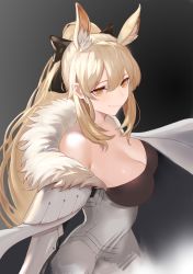 Rule 34 | 1girl, absurdres, animal ear fluff, animal ears, arknights, bare shoulders, black background, black bow, blemishine (arknights), blonde hair, bow, breasts, chinese commentary, chong (547342983), cleavage, commentary request, gradient background, grey background, hair between eyes, hair bow, highres, horse girl, large breasts, long hair, looking at viewer, partial commentary, smile, solo, upper body, yellow eyes
