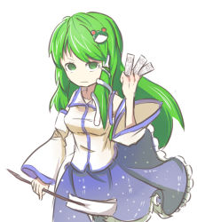 Rule 34 | &gt;:|, 1girl, :|, closed mouth, eyebrows, fighting stance, frog hair ornament, green eyes, green hair, hair ornament, highres, kochiya sanae, looking at viewer, matching hair/eyes, no pupils, ofuda, peroponesosu., solo, touhou, upper body, v-shaped eyebrows, white background, wind, wind lift