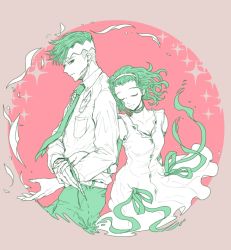 Rule 34 | 1boy, 1girl, collared shirt, couple, cowboy shot, dress, earrings, closed eyes, hairband, head on another&#039;s shoulder, hetero, jewelry, jojo no kimyou na bouken, kishibe rohan, limited palette, locked arms, long sleeves, looking at another, looking back, mitsuru (91000), monochrome, nail polish, neck ring, necktie, pants, paper, pen, ribbon, shirt, short hair, smile, sugimoto reimi, wind