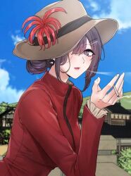 Rule 34 | 1girl, bag, blue sky, blush, cigarette, circles, city, closed mouth, gina baek, hat, long hair, looking at viewer, park, purple eyes, purple hair, red sweater, serious, sitting, sky, sweater, very long hair