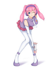 Rule 34 | 1girl, bent over, blue eyes, breasts, elbow gloves, energy gun, gloves, headset, isosceles triangle (xyzxyzxyz), keroro gunsou, looking at viewer, medium breasts, one eye closed, pantyhose, pink hair, pururu, ray gun, sleeveless, smile, solo, twintails, weapon, white gloves, white pantyhose