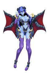 Rule 34 | 1girl, absurdres, astaroth (shinrabanshou), black sclera, blue skin, breasts, clothing cutout, colored sclera, colored skin, demon girl, demon tail, earrings, heart, heart earrings, highleg, highleg leotard, highres, jewelry, large breasts, leotard, long hair, looking at viewer, navel cutout, pointy ears, red wings, shinrabanshou, shiny skin, smile, solo, standing, tail, thighhighs, transparent background, volyz, wings, yellow eyes