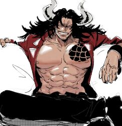 Rule 34 | 1boy, abs, black hair, chest tattoo, curled horns, facial hair, goatee, goatee stubble, grin, highres, horns, kaidou (one piece), long hair, looking at viewer, mature male, mcbuckwheat, messy hair, muscular, muscular male, mustache stubble, nipples, one piece, oni horns, open clothes, open shirt, red shirt, shirt, sitting, sketch, smile, spread legs, stubble, tattoo