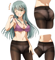 Rule 34 | +++, 1girl, ;d, aqua hair, armpits, ass, back, bare arms, bare shoulders, black pantyhose, blush, breasts, cleavage, collarbone, contrapposto, cowboy shot, cropped legs, cropped torso, crotch seam, grin, hair ornament, hairclip, hand on own thigh, kantai collection, legs apart, long hair, looking at viewer, lower body, medium breasts, multiple views, navel, one eye closed, open mouth, panties, panties under pantyhose, pantyhose, pulling own clothes, smile, standing, stomach, strap pull, suzuya (kancolle), tareme, thighband pantyhose, thighs, underwear, yellow eyes, zanntetu