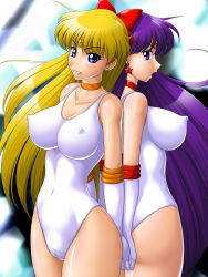 Rule 34 | 1990s (style), 2girls, aino minako, ass, backboob, bishoujo senshi sailor moon, blonde hair, breasts, cleft of venus, covered erect nipples, highres, hino rei, large breasts, leotard, long nipples, looking back, multiple girls, nipples, onoe, purple eyes, purple hair, retro artstyle, sailor mars, sailor venus, thick thighs, thighs, tight clothes