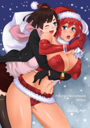 Rule 34 | 10s, 2012, 2girls, :d, artist name, bare shoulders, bell, blue eyes, blush, breasts, brown hair, christmas, cleavage, elbow gloves, covered erect nipples, gloves, hat, highres, hug, hug from behind, huge breasts, looking at viewer, merry christmas, multiple girls, navel, open mouth, original, red gloves, red hair, revealing clothes, sack, santa costume, santa hat, scarf, short hair, smile, snowing, unbuttoned, unzipped, zonda (solid air)