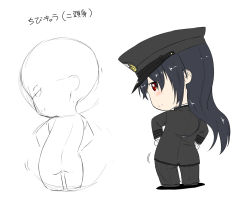 Rule 34 | 10s, 1girl, black hair, chibi, female admiral (kancolle), female focus, flat color, from behind, full body, gloves, hands on own hips, hat, kantai collection, long hair, looking at viewer, looking back, military, military hat, military uniform, multiple views, niwatazumi, partially colored, peaked cap, red eyes, sketch, smile, tatebayashi sakurako, translation request, uniform, white background