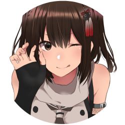 Rule 34 | 1girl, ;q, bare shoulders, black neckerchief, blush, brown eyes, brown hair, closed mouth, detached sleeves, grey scarf, hair ornament, hairpin, hand up, kantai collection, long sleeves, looking at viewer, medium hair, neckerchief, one eye closed, rinto (rint rnt), scarf, sendai (kancolle), sendai kai ni (kancolle), smile, solo, tassel, tongue, tongue out, upper body