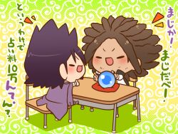 Rule 34 | 2boys, arm on table, bead bracelet, beads, beard stubble, big hair, black coat, black eyes, bracelet, brown hair, chibi, coat, coat on shoulders, collared coat, commentary request, crystal ball, danganronpa: trigger happy havoc, danganronpa (series), danganronpa v3: killing harmony, dark-skinned male, dark skin, desk, dreadlocks, facial hair, goatee, green background, grey footwear, grey jacket, hagakure yasuhiro, high collar, jacket, jewelry, light blush, long hair, long sleeves, male focus, momota kaito, multiple boys, notice lines, on chair, open clothes, open jacket, open mouth, pants, patterned background, pillow, polka dot, polka dot background, purple coat, purple hair, purple pants, school desk, shadow, shirt, simple background, sitting, sleeves past elbows, slippers, smile, solid oval eyes, spiked hair, stubble, thumbs up, translation request, v-shaped eyebrows, white jacket, yellow shirt, yumaru (marumarumaru)