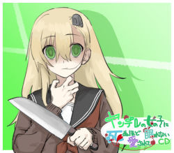 Rule 34 | 1girl, black sailor collar, blonde hair, empty eyes, green background, green eyes, hair in own mouth, hand on own neck, highres, holding, holding knife, insect hair ornament, knife, long hair, long sleeves, looking at viewer, matangom, matangomu-chan, neckerchief, original, parody, pillbug, red neckerchief, sailor collar, solo, translated, upper body, yandere, yandere no onna no ko ni shinu hodo aisarete nemurenai cd