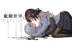 Rule 34 | 2girls, artist name, bad id, bad pixiv id, bare shoulders, blue eyes, brown hair, brown jacket, brown legwear, closed mouth, collared shirt, commentary request, english text, eye contact, girl on top, grey skirt, hair between eyes, jacket, long hair, long sleeves, looking at another, multiple girls, off shoulder, original, pantyhose, parted lips, pleated skirt, red eyes, see-through, shirt, silver hair, simple background, skirt, sleeves past wrists, wavy mouth, wet, wet clothes, wet shirt, white background, white shirt, yuri, yurichtofen
