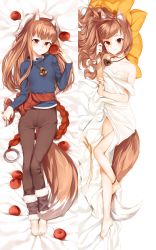 Rule 34 | 1girl, animal ears, bed, brown hair, dakimakura (medium), full body, holo, kyuri tizu, long hair, looking at viewer, lying, multiple views, on side, pouch, red eyes, smile, spice and wolf, tail, wolf ears, wolf tail