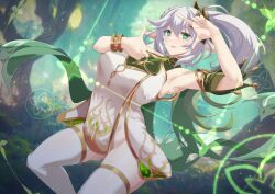 Rule 34 | 1girl, absurdres, aged up, bare shoulders, blush, bracelet, braid, breasts, cape, crown braid, dress, forest, genshin impact, gradient hair, green cape, green eyes, green hair, hair ornament, highres, jewelry, large breasts, leaf hair ornament, long hair, looking at viewer, multicolored hair, nahida (genshin impact), nature, open mouth, pointy ears, side ponytail, sidelocks, sleeveless, sleeveless dress, smile, solo, symbol-shaped pupils, thighs, torahime (roland00), tree, white dress, white hair