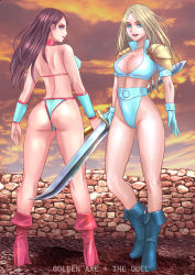 Rule 34 | 2girls, amazon warrior, armor, ass, back, bikini, blonde hair, blue eyes, boots, breasts, brown hair, choker, cleavage, curvy, dimples of venus, family, gloves, golden axe, golden axe: the duel, high collar, highres, jewelry, large breasts, legs, long hair, milan flare, multiple girls, necklace, sega, shimaguni yamato, shiny skin, shoulder armor, swimsuit, sword, thighs, tyris flare, weapon