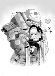 Rule 34 | 1boy, 1girl, absurdly long hair, armor, azur lane, bonnet, carrying, carrying person, closed eyes, commander (azur lane), commentary, english commentary, greyscale, heart, helmet, little formidable (azur lane), long hair, monochrome, power armor, size difference, smile, tmo88, two-tone dress, upper body, very long hair