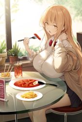 Rule 34 | 1girl, absurdres, blonde hair, bow, bowtie, breasts, character request, copyright request, dampi, drink, eating, food, food on face, fork, glass table, highres, holding, holding fork, jacket, jacket on shoulders, large breasts, long hair, miniskirt, plant, pleated skirt, potted plant, restaurant, school uniform, shirt, sitting, skirt, solo, spoon, table, transparent, very long hair, white shirt, window, yellow eyes