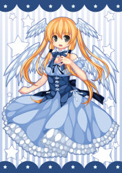 Rule 34 | 1girl, angel, angel wings, aoilio, bad id, bad pixiv id, bare shoulders, blonde hair, blue dress, dress, hand on own chest, head wings, open mouth, original, petticoat, smile, solo, star (symbol), striped, striped background, wings