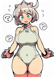 Rule 34 | 1girl, ?, black gloves, blue eyes, blush, bracelet, choker, collarbone, covered navel, elphelt valentine, fingerless gloves, flying sweatdrops, gloves, grey hair, guilty gear, guilty gear strive, hairband, highres, itsuka neru, jewelry, leotard, looking at viewer, open mouth, short hair, simple background, solo, speech bubble, spiked bracelet, spiked choker, spiked hairband, spikes, spoken question mark, white background, white leotard