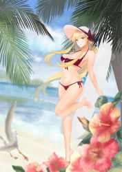 Rule 34 | 1girl, absurdres, bare legs, bare shoulders, barefoot, beach, bikini, blonde hair, blue oath, blush, breasts, character request, chinatsu (1000summers), flower, green eyes, hat, hat ribbon, highres, leg up, long hair, looking at viewer, medium breasts, mole, mole under eye, navel, ocean, outdoors, palm tree, red bikini, ribbon, side-tie bikini bottom, solo, stomach, summer, sun hat, swimsuit, thighs, tree