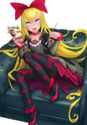 Rule 34 | 1girl, animal print, bad id, bad pixiv id, bat print, blonde hair, blue eyes, bow, choker, collarbone, couch, cropped jacket, dokidoki! precure, fang, food, food on face, hair bow, highres, long hair, md5 mismatch, pantyhose, parfait, patterned legwear, precure, print pantyhose, red footwear, red ribbon, regina (dokidoki! precure), ribbon, ryuuama, shoes, sitting, solo, spoon