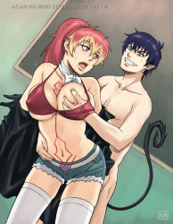 Rule 34 | 1girl, ao no exorcist, artist name, azasuke, belt, bikini, bikini top only, blue eyes, blue hair, blush, grabbing another&#039;s breast, breasts, clenched teeth, clothed female nude male, clothed sex, grabbing, groping, highres, jacket, kirigakure shura, large breasts, long hair, multicolored hair, navel, nude, okumura rin, open mouth, ponytail, purple eyes, saliva, scarf, sex, short hair, short shorts, shorts, smile, socks, sweat, swimsuit, tail, tattoo, teeth