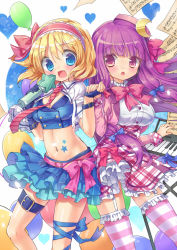Rule 34 | 2girls, alice margatroid, alternate costume, blonde hair, blue eyes, blush, bow, crescent, crescent hair ornament, fang, garter straps, hair bow, hair ornament, hat, idol, instrument, keyboard (instrument), microphone, midriff, multiple girls, navel, open mouth, patchouli knowledge, purple eyes, purple hair, sheet music, silveroid, striped clothes, striped legwear, striped thighhighs, thigh strap, thighhighs, touhou